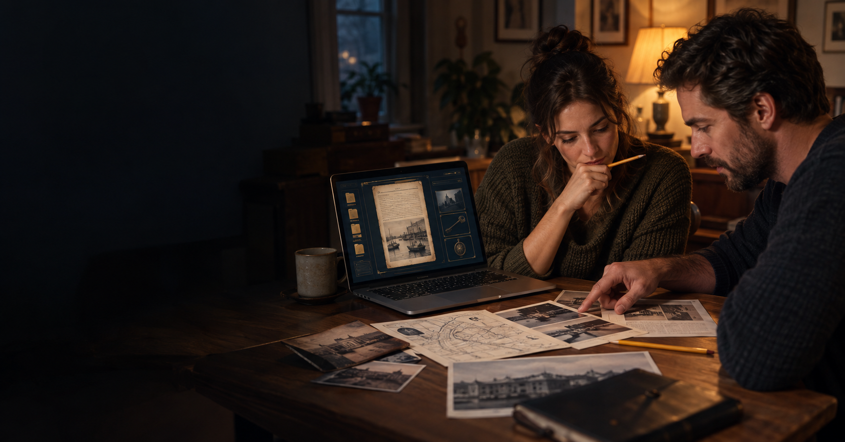 Illustrative scene of two adults comparing detective notes beside a laptop